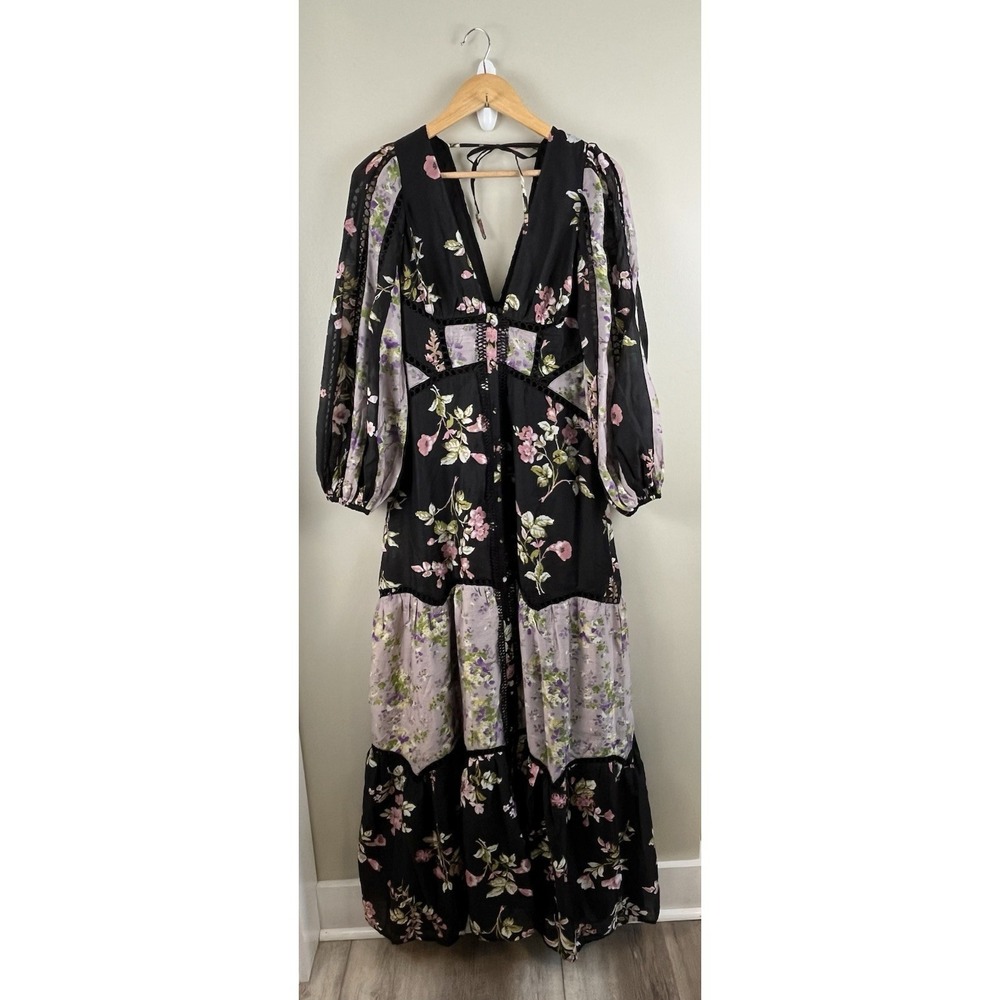 ASOS DESIGN Color Block Maxi Dress Floral Prairie Cottage Core Romantic Sz 4 - Picture 3 of 11